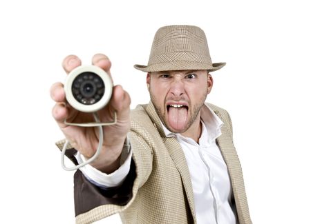 detective with web cam on isolated backgroundの写真素材