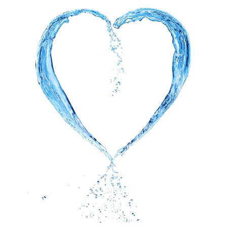Heart from water splash with bubbles isolated on white