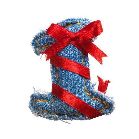 Jeans alphabet digit with holiday red ribbon isolated on whiteの写真素材