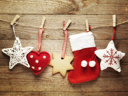 Festive Christmas decoration over wooden board background.の写真素材