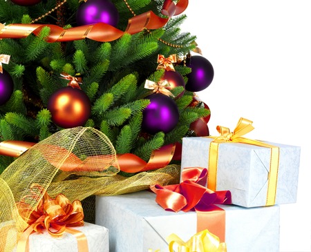 Decorated Christmas tree on white background.の写真素材