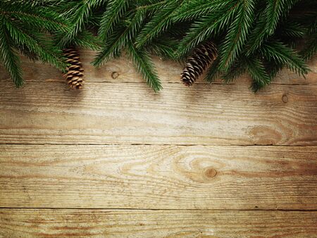 Christmas fir tree   on a wooden boardの写真素材