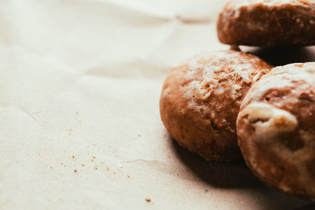 gingerbread close up on bright paper background.の写真素材
