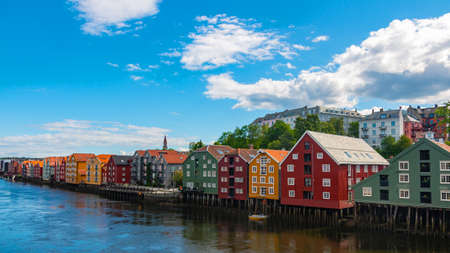 Historical Old Timber Buildings (Norwegian: Gamle Bybro or Bybroa) over the river Nidelva in Trondheimの写真素材