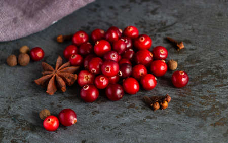 Red cranberries with mulled wine spices for Christmas and New Year recipesの写真素材