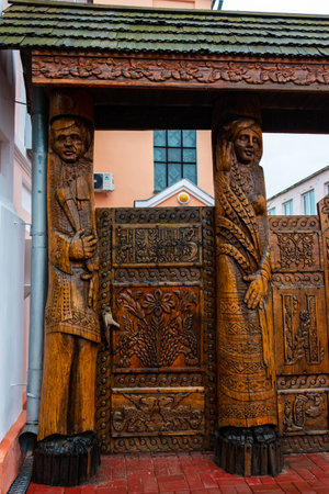 Carved wooden gates to the building of the Vetka Museum of Old Believers and Belarusian Traditions, Gomel regionの写真素材