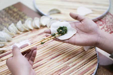 make a dumpling in closeup shot の写真素材