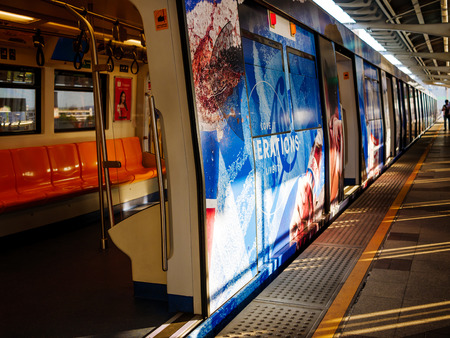 BTS sky train station,Bangkok Thailand 05 Mar 2018:The door is closing after people get off the...
