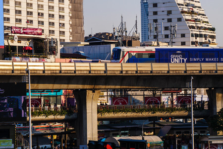 Victory monument ,Bangkok,Thailand 19 Mar 2018: BTS(Bangkok mass transit system) departing the...