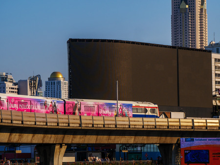 Victory monument ,Bangkok,Thailand 19 Mar 2018: BTS(Bangkok mass transit system) departing the station  Victory monument is the military monument in Bangkok ,Thailandのeditorial素材