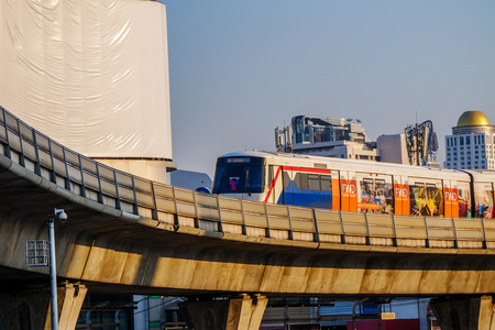 Victory monument ,Bangkok,Thailand 19 Mar 2018: BTS(Bangkok mass transit system) departing the station  Victory monument is the military monument in Bangkok ,Thailandのeditorial素材