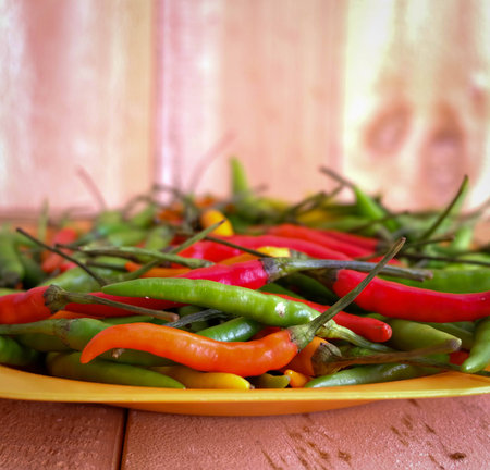 chillis in disk on wooden backgroundの写真素材