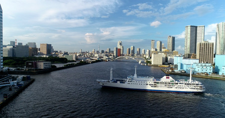 boat in tokyo bay in aerial viewのeditorial素材