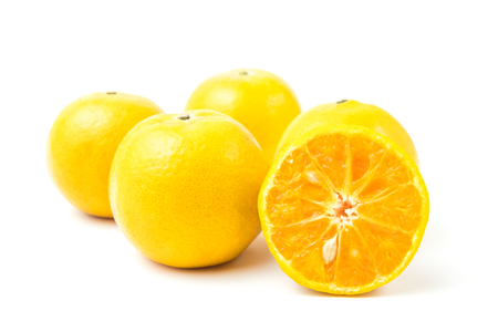 fresh oranges full and half cut Rich in vitamin C isolated on white background and clipping pathの写真素材