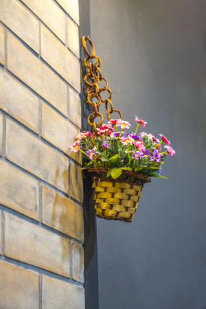 Basket of flowers hanging on the wall.の写真素材