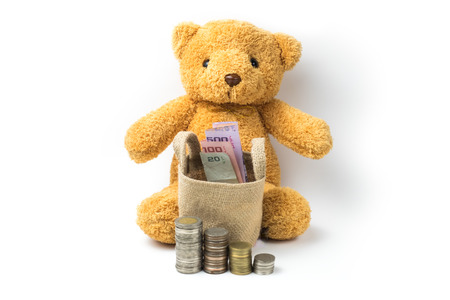 Teddy bear and thailand money baht coins isolate step staircase there are many varieties. The concept of saving money and the growth of the economy. on white backgroundの写真素材