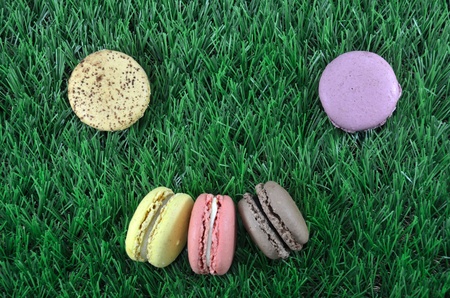 Smile face with colorful macaroons on grass background の写真素材