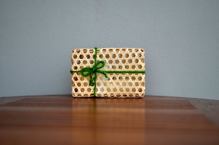 Spa set packaging with green ribbonの写真素材
