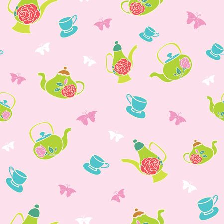 Vector light pink garden tea party seamless pattern background. Perfect for scrapbook, wallpaper, fabric projects.のイラスト素材