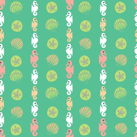 Vector seahorses and seashells on sea green seamless pattern background