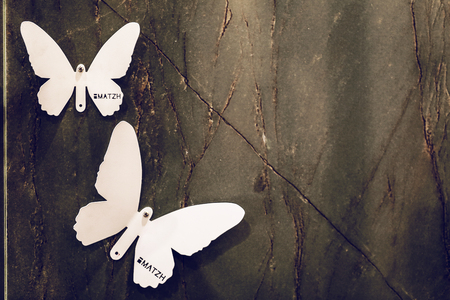 Abstract of White butterfly design on wall.  copy space for add text. picture message backgroundの写真素材