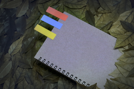 The leaves and notebook on wooden garden table.Vintage picture tone of Autumn background. can used add text message or greeting card. vignette pictureの写真素材