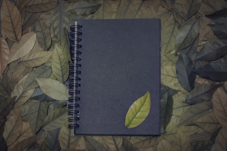 The leaves and notebook on wooden garden table.Vintage picture tone of Autumn background. can used...