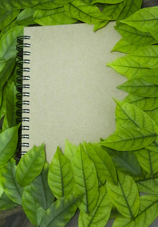 The leaves and notebook on wooden garden table.Vintage picture tone of Autumn background. can used add text message or greeting card. vignette pictureの写真素材