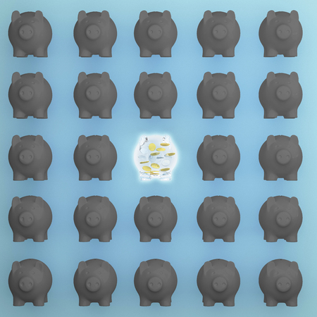 Idea concept : Outstanding Pig savings different black pigs on blue background. minimal concept.の写真素材