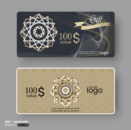 Gift certificate voucher coupon, business cards template with gold guilloche pattern.  vector illustrationのイラスト素材