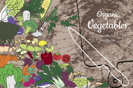 Organic healthy vegetables and kitchenware on a wooden surface.  conceptual doodles illustration. top viewのイラスト素材
