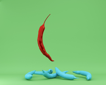 Creative Concept : Outstanding red pepper floating with different blue peppers on green background. used for Illustrations or graphic design and website. minimal food idea concept.の写真素材