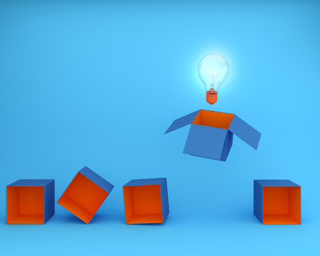 Light bulbs glowing think outside the box on blue background, minimal concept idea.Creative ideas...
