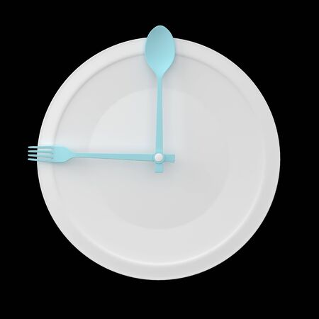 Top view of Spoon and fork on white round plate in a form of clock on black background. minimal food...
