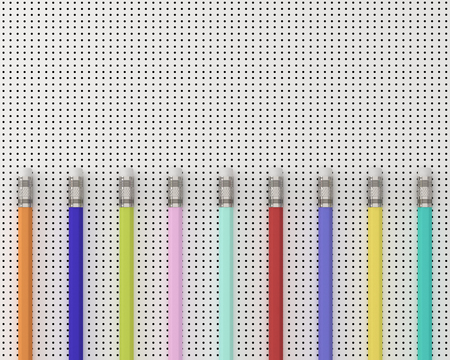 Top view of colorful Pencils pencils on white point pattern background. flat lay . minimal...