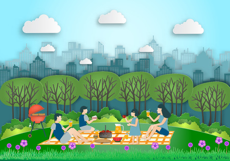 Family making picnic on city park outdoor. Dad,mom,son and daughter are resting in nature. the park was built on the outskirts. in spring flowers season. vector paper art and craft style.のイラスト素材