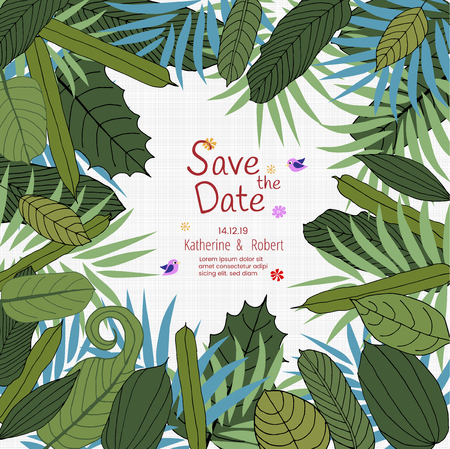 Wedding floral card,wedding invitation with green floral leaves branch illustrationのイラスト素材