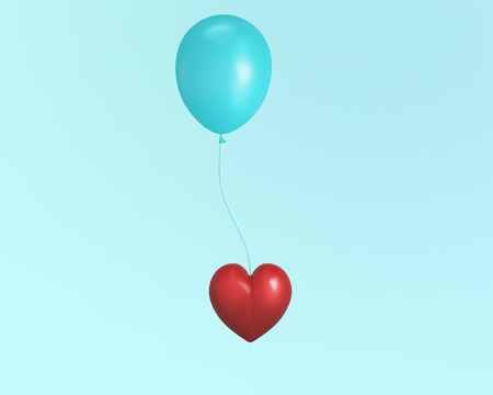 Outstanding red decorative heart on a balloon against a on blue pastel background.Idea illustration of love and Valentine's Day. Romantic image. minimal love concept.の写真素材