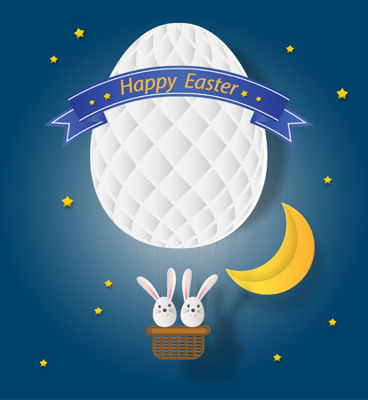 Creative ideas of Happy Easter day with rabbit and balloon egg shape floating over half moon on sky at night. Paper art and digital craft style. Vector Illustration.のイラスト素材