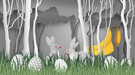 Creative ideas of Happy Easter day egg and rabbit cute in grass, and in the forest with half moon at night. Paper art and digital craft style. Vector illustration.のイラスト素材