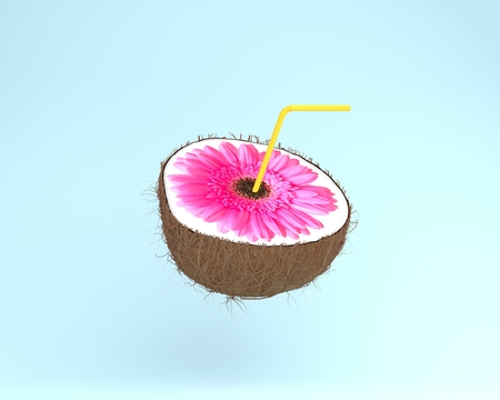 Flower with Straws in coconut on color blue pastel background. Spring minimal concept. Idea creative...