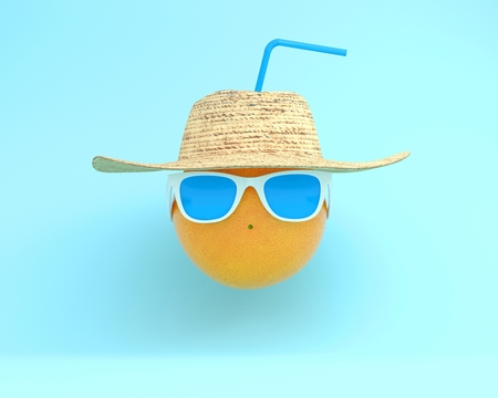 Summer times of funny attractive orange in stylish sunglasses with hat on blue pastel background. minimal fruit idea concept. foods and drinks that are typically enjoyed at summer festivals の写真素材