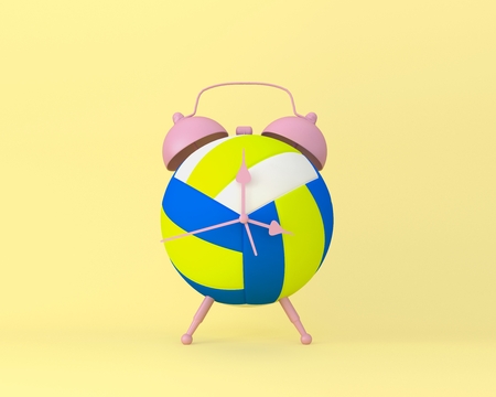 Creative idea layout Volleyball alarm clock on yellow pastel background. minimal idea sport concept....