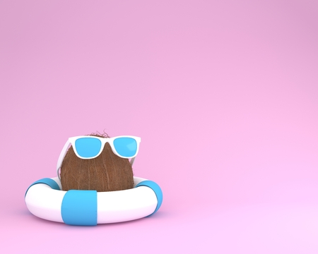 Concept made of coconut with blue pool float and sunglasses on pink pastel background. minimal...