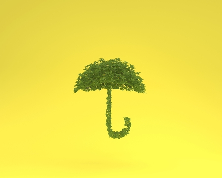 Creative layout made of plant umbrella floating on yellow pastel background. minimal idea nature. An idea creative to artwork design or World environment day conceptの写真素材