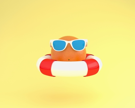 Creative summer layout made of Orange fruit with red pool float and sunglasses on yellow pastel background. minimal fruit concept idea.の写真素材