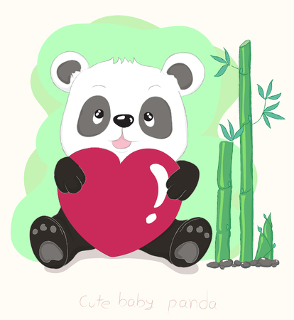 Cute little panda cartoon hug red heart and bamboo. Hand drawn styleのイラスト素材
