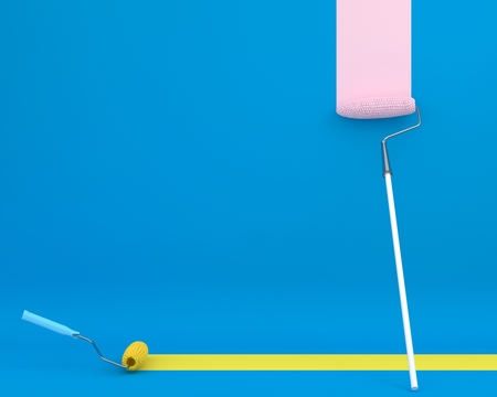 Creative layout of paint roller corn is brush color trail on blue background. minimal idea concept. Ideas creative to produce work within banners and advertising.の写真素材