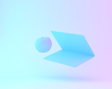 Creative layout of apple with notebook computer painted in white and vibrant bold gradient purple...