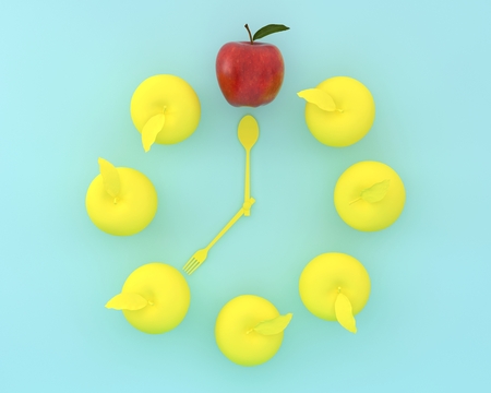 Creative layout of outstanding apple clock on blue color background. minimal idea fruit concept....